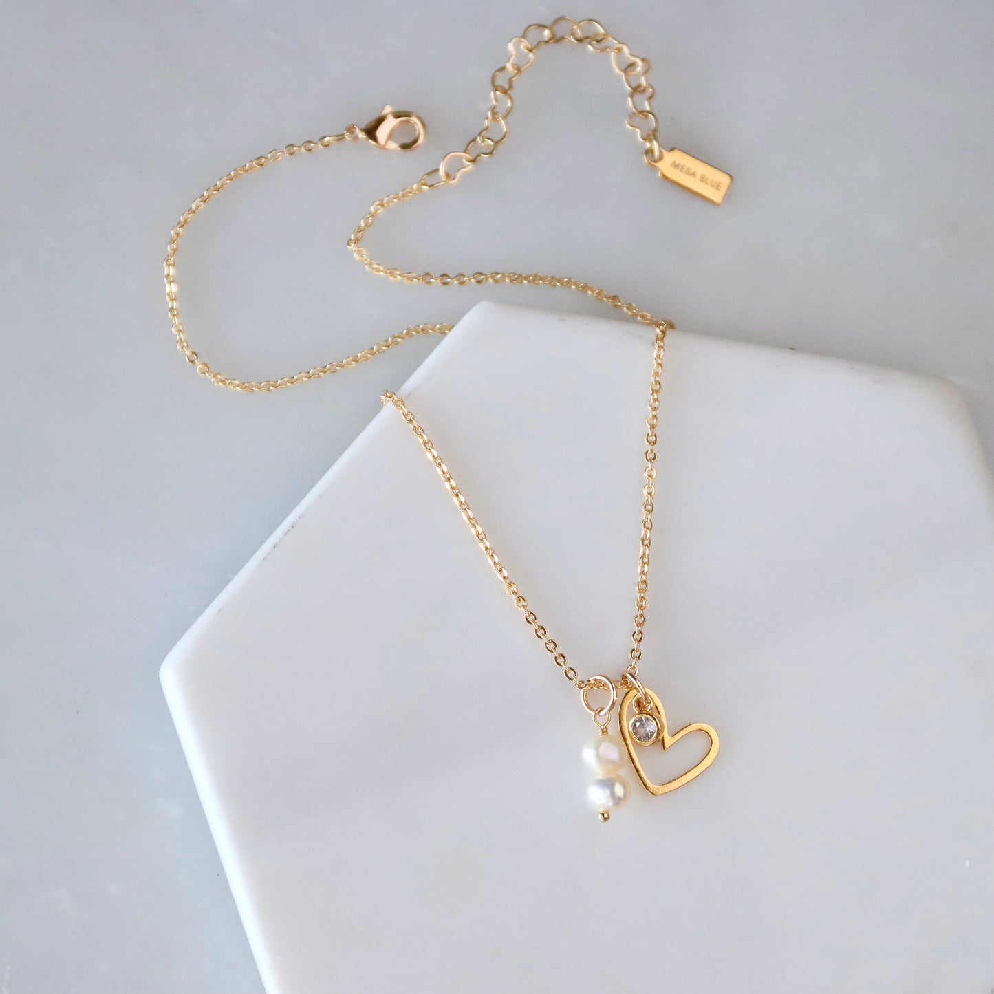 Gold Heart, CZ & Pearl Pendant Necklace