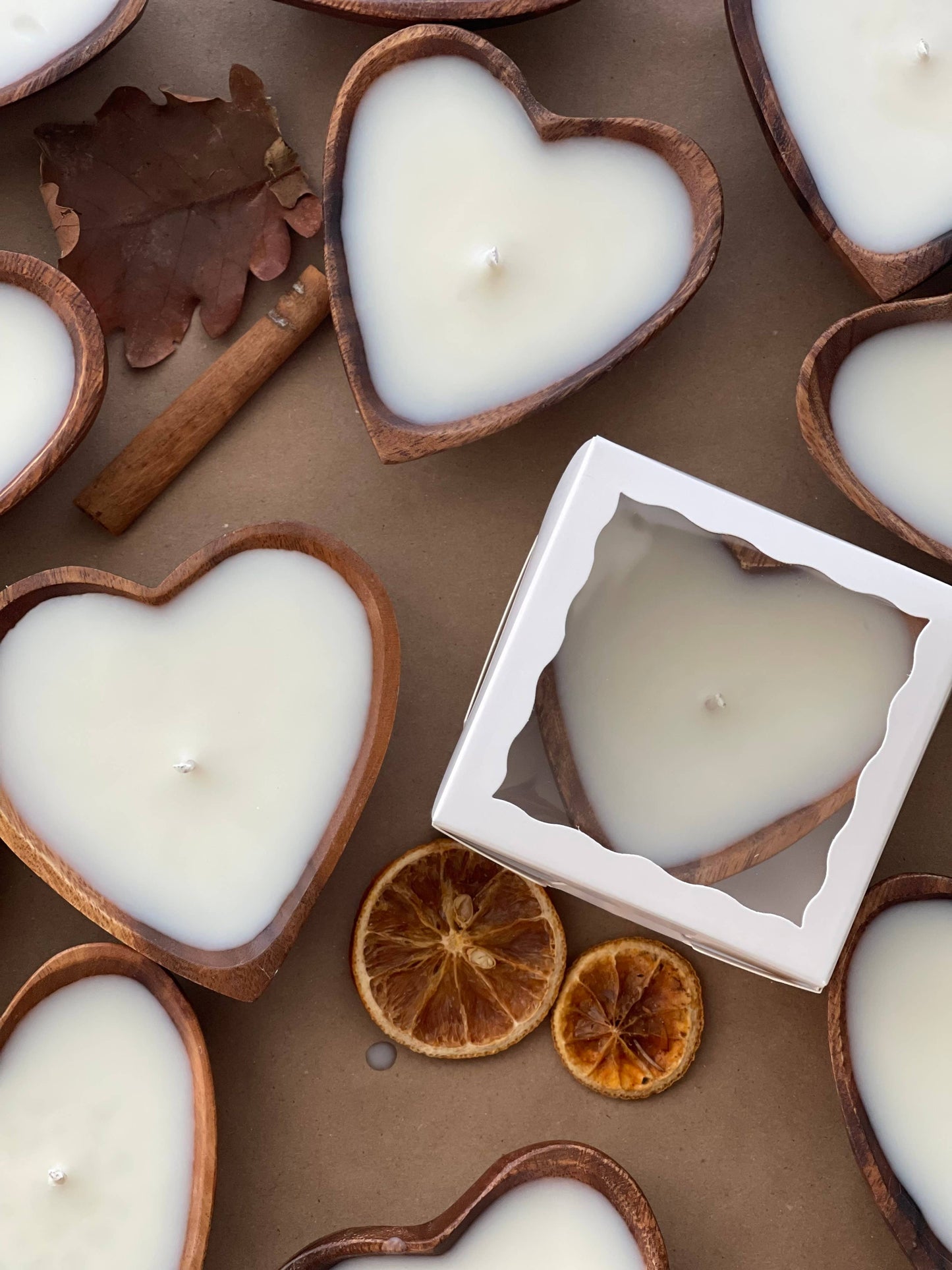 Pine Scented Candle in Heart Shaped Wood Bowl
