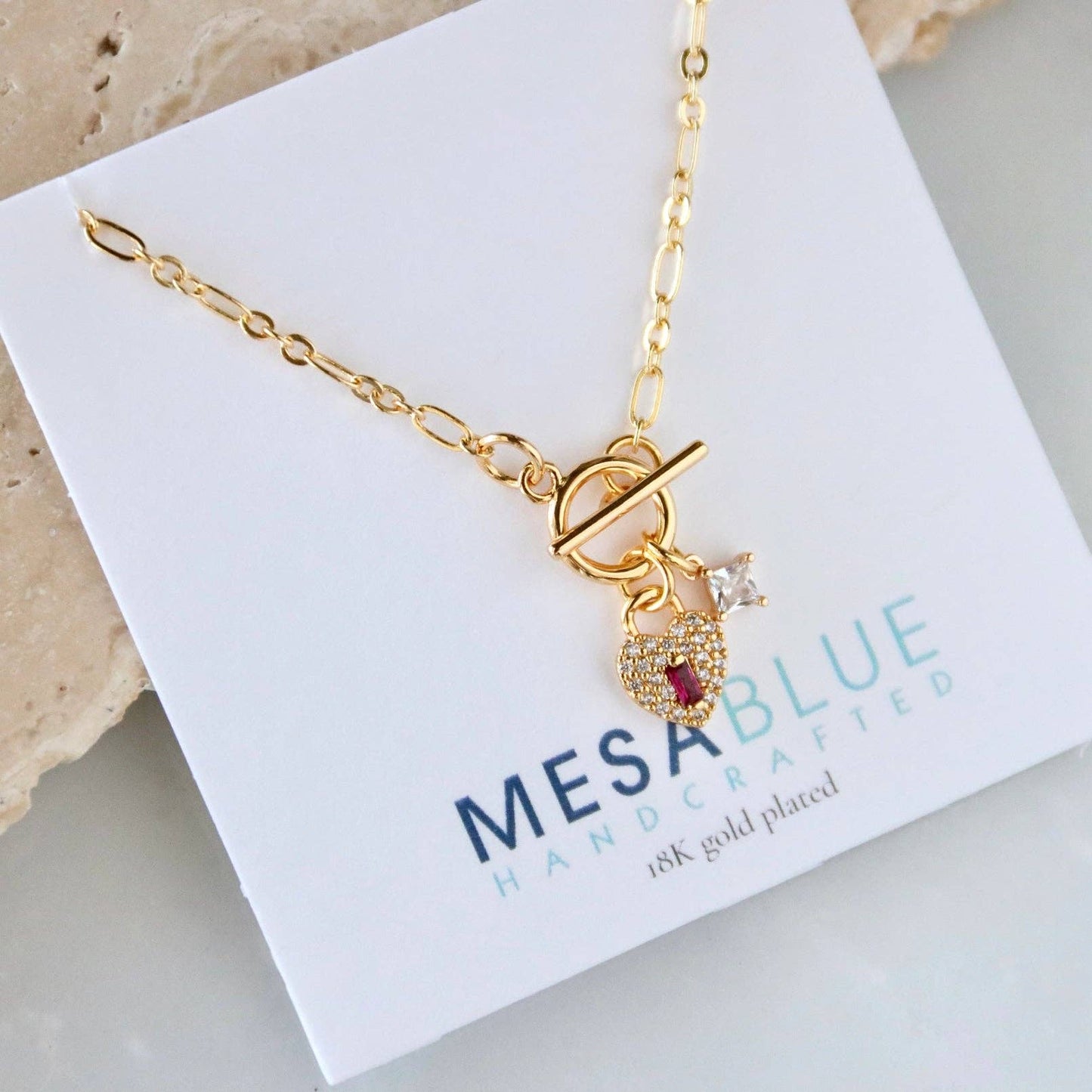 CZ Ruby Heart Lock Toggle Heart Necklace