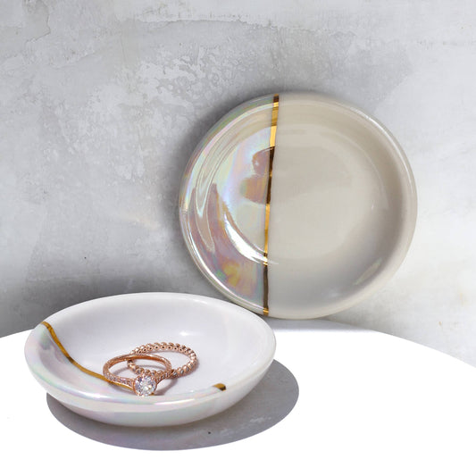 Dipped Iridescent Ring Dish | Handmade Pottery with Gold