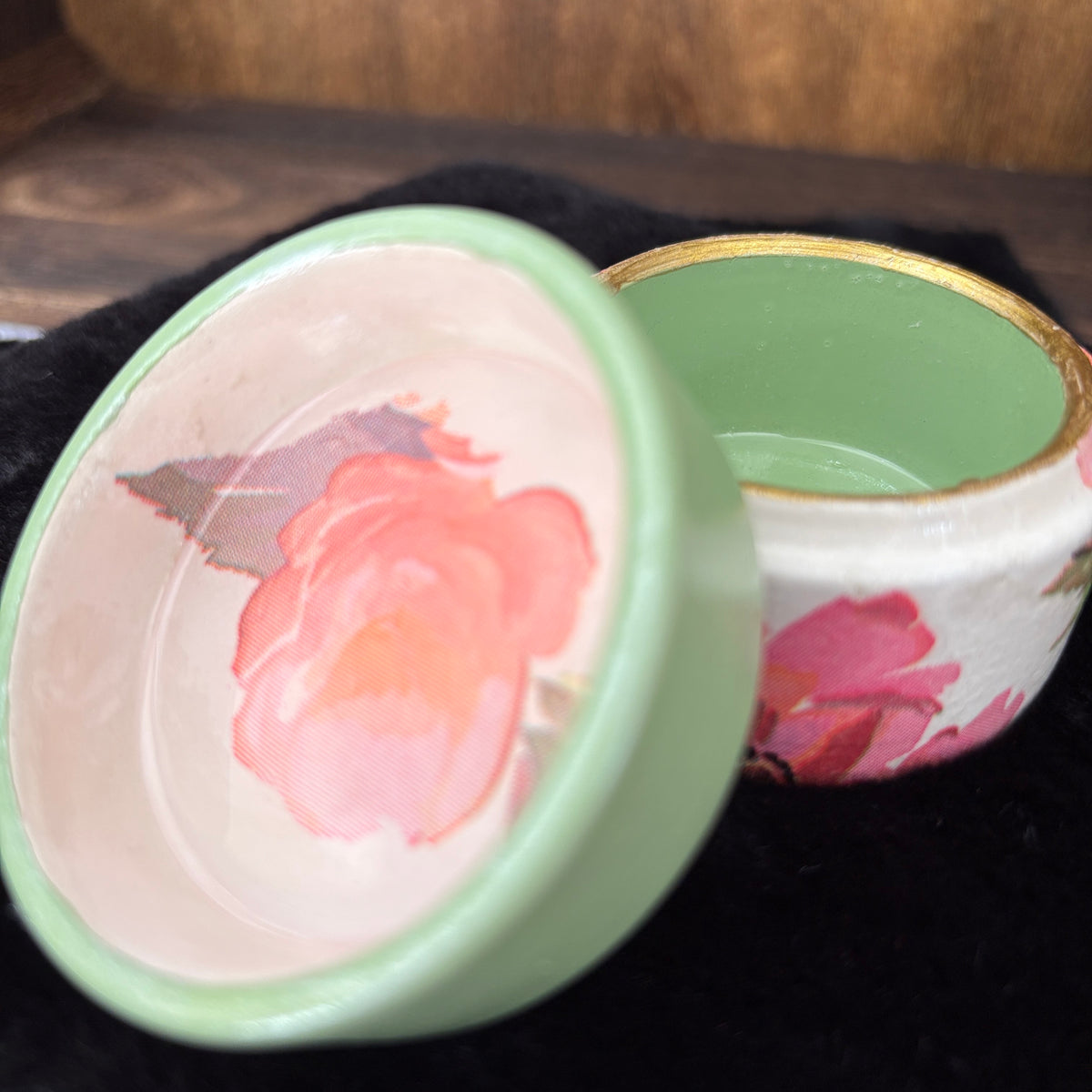 Ceramic Trinket Box - Green & Pink Floral