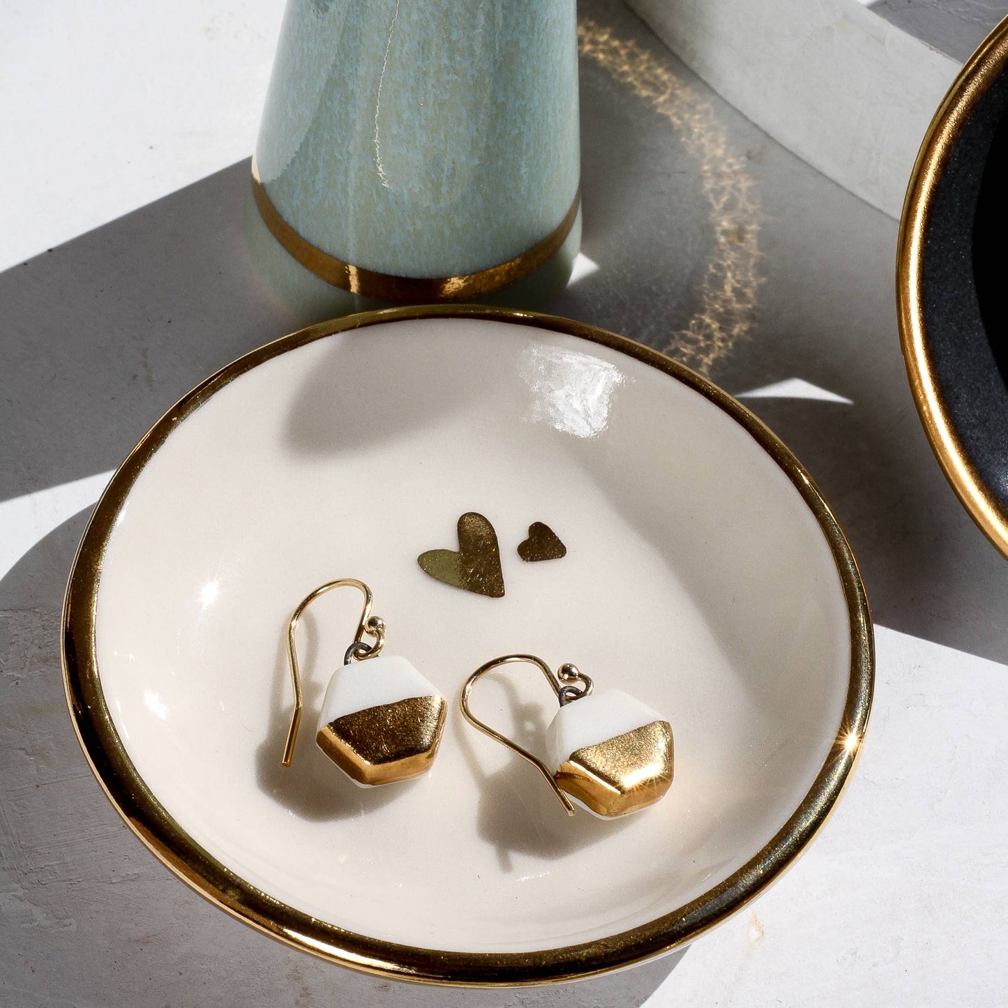Double Heart Ring Dish | Handmade pottery with Gold