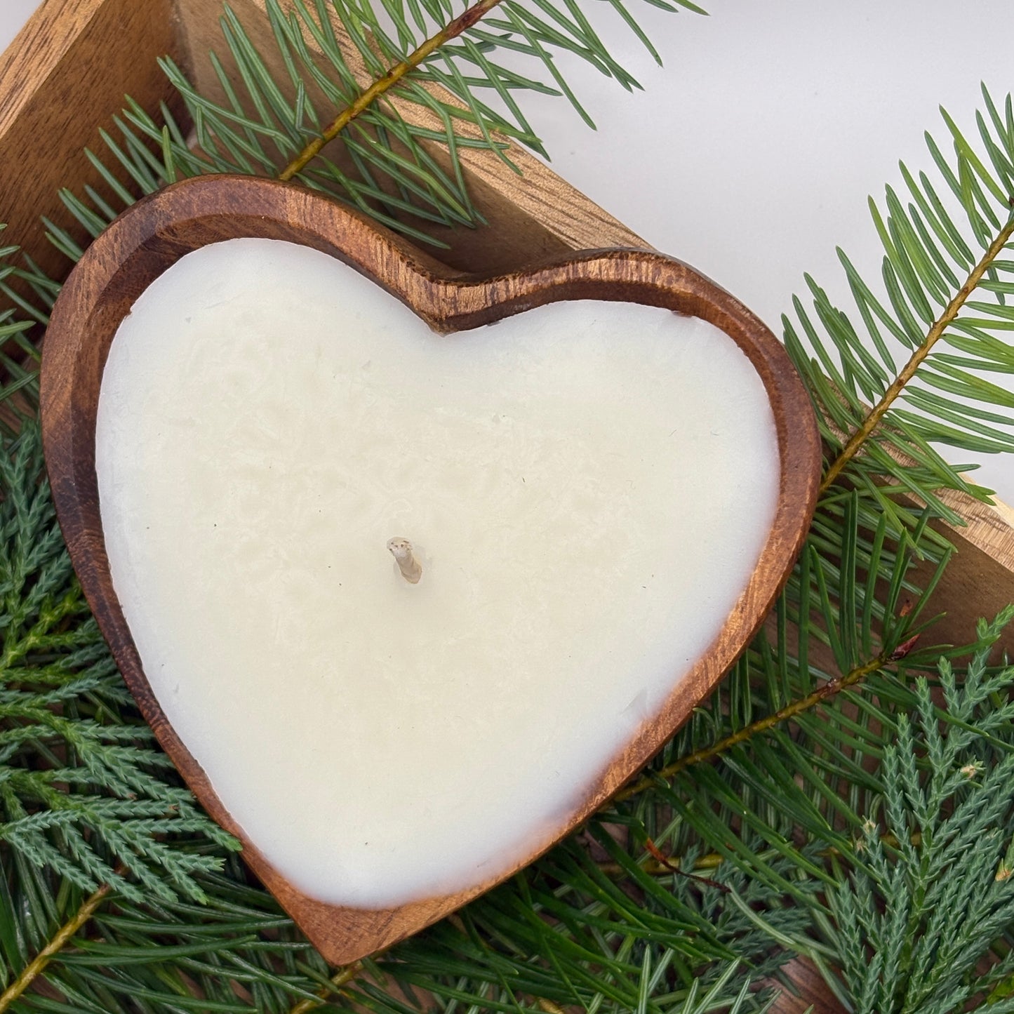 Pine Scented Candle in Heart Shaped Wood Bowl
