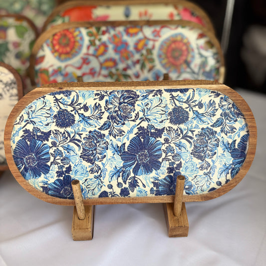 Oval Wood Tray (Blue Botanical)