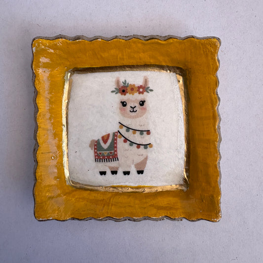 Square Ring Dish - Scalloped Edge (Yellow Llama)