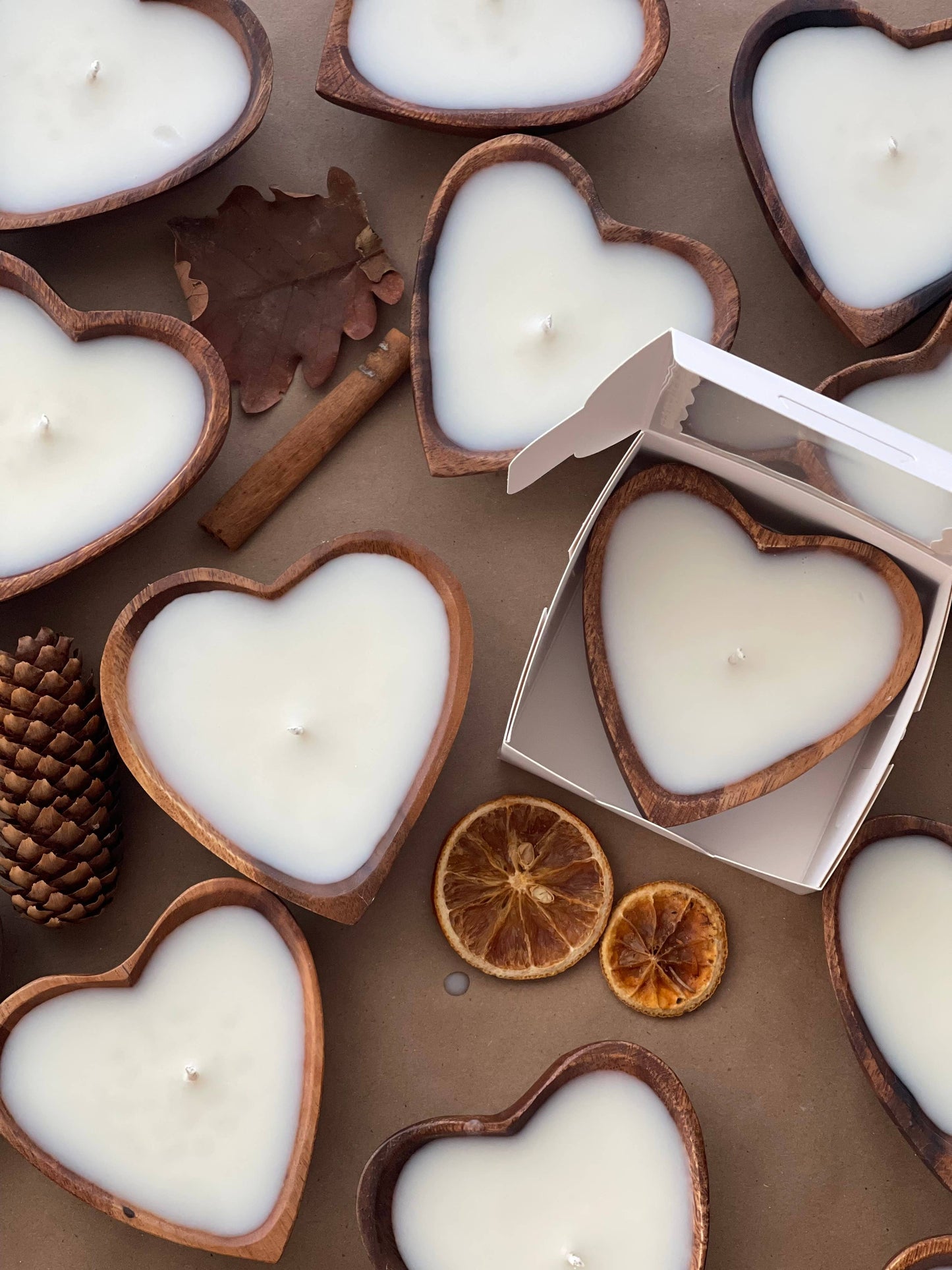 Pine Scented Candle in Heart Shaped Wood Bowl