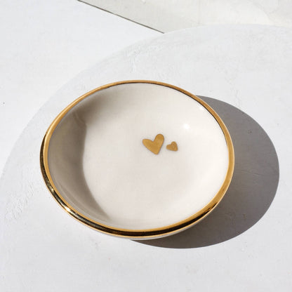 Double Heart Ring Dish | Handmade pottery with Gold