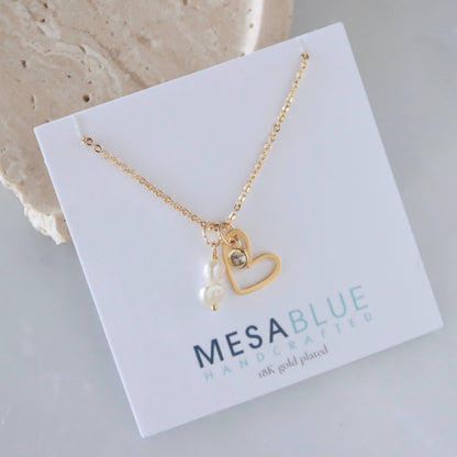 Gold Heart, CZ & Pearl Pendant Necklace
