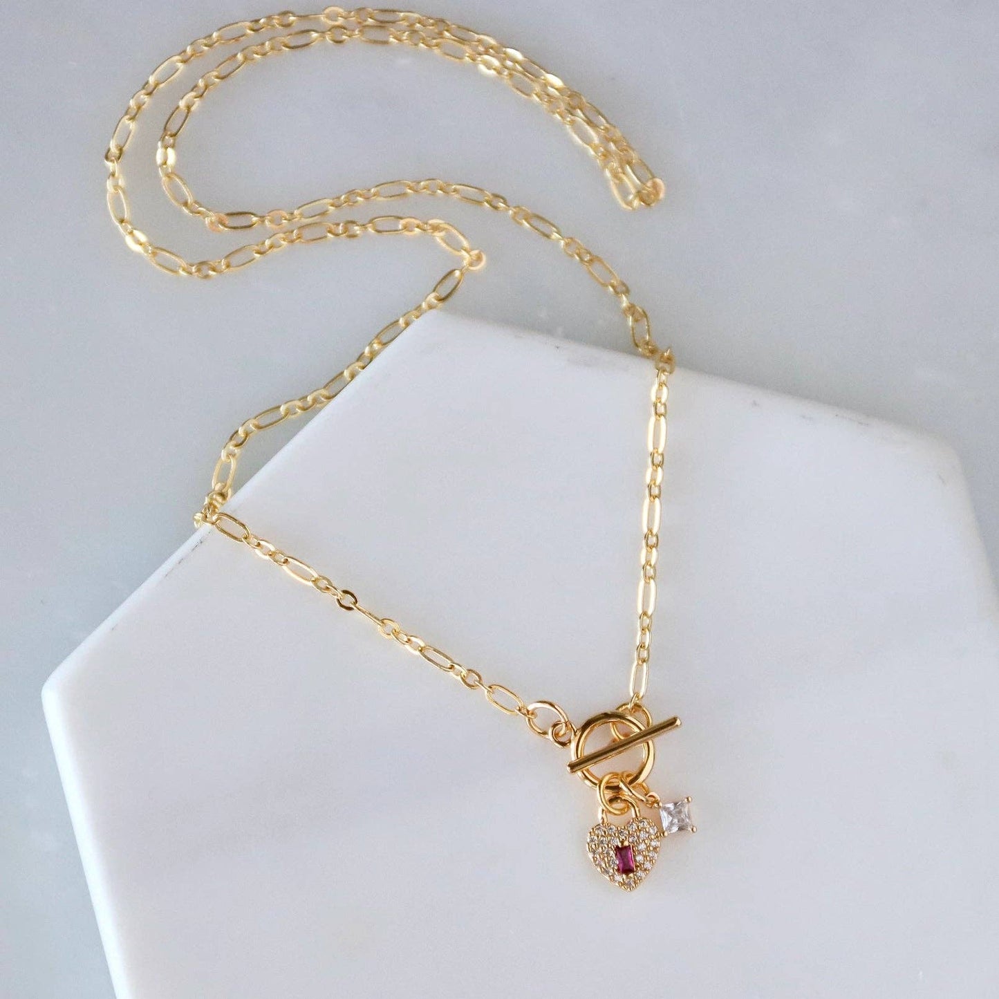 CZ Ruby Heart Lock Toggle Heart Necklace