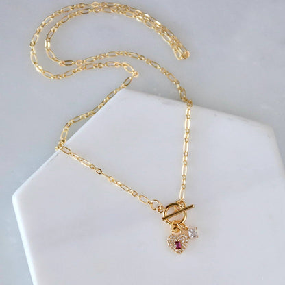 CZ Ruby Heart Lock Toggle Heart Necklace