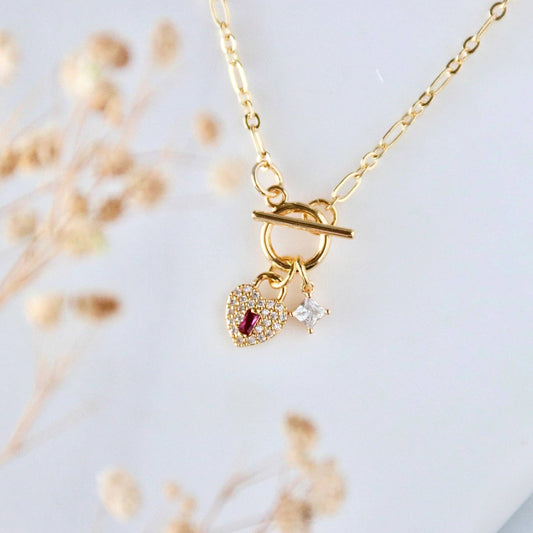 CZ Ruby Heart Lock Toggle Heart Necklace