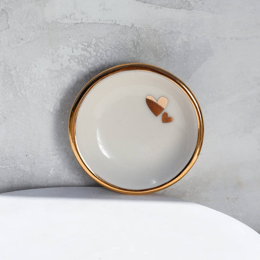 Double Heart Ring Dish | Handmade pottery with Gold