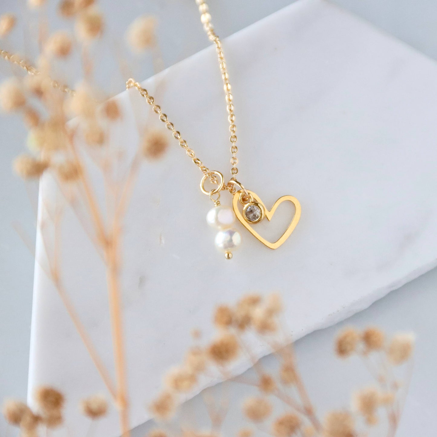 Gold Heart, CZ & Pearl Pendant Necklace